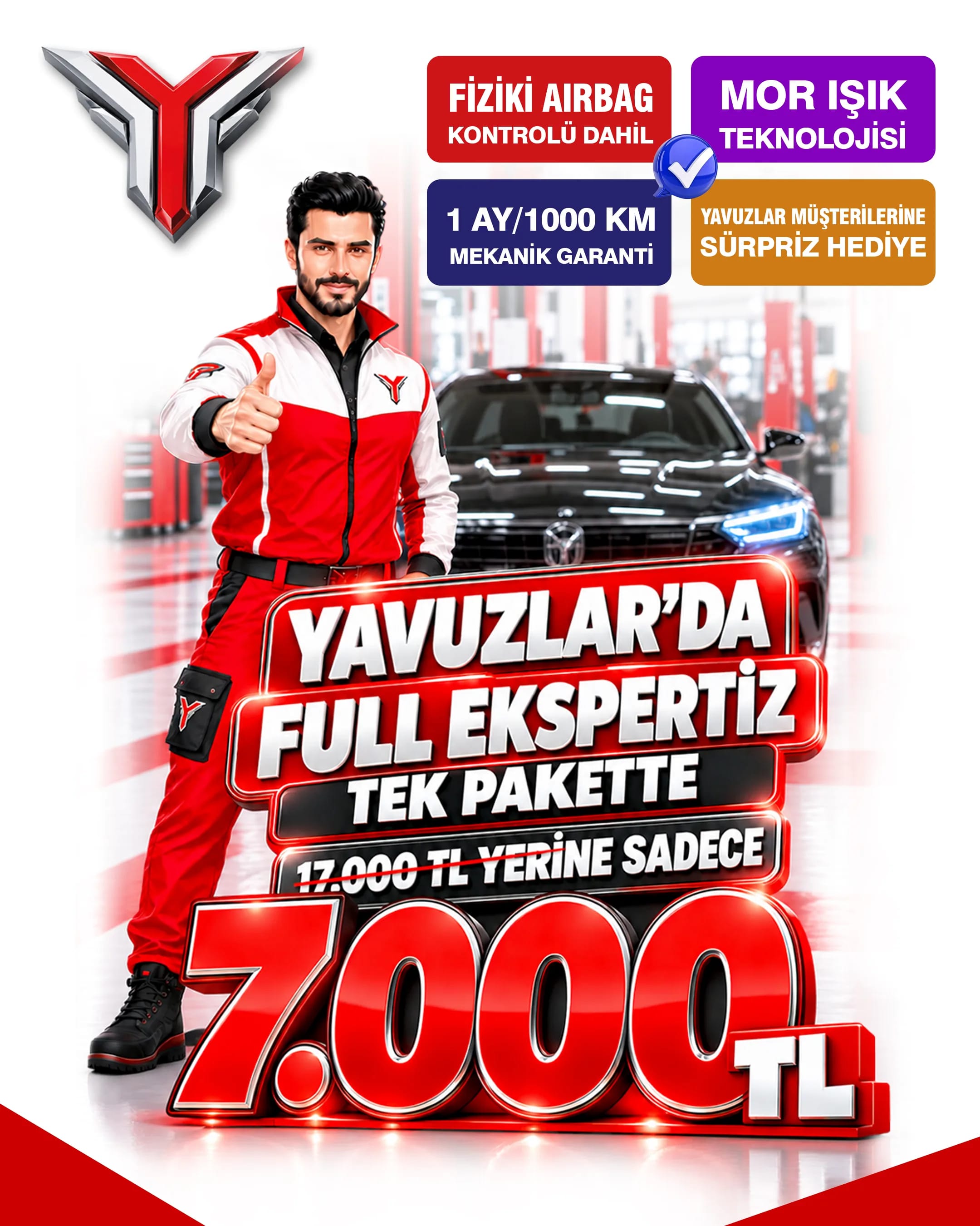 Yavuzlar'da Full Ekspertiz tek pakette 17.000 TL yerine sadece 7.000 TL — fiziki airbag kontrolü dahil, mor ışık teknolojisi, 1 ay/1000 km mekanik garanti, Yavuzlar müşterilerine sürpriz hediye
